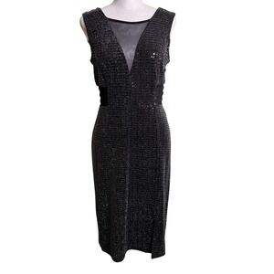 Enfocus‎ Studio Shimmer Metallic Black Midi Dress 8 Mesh Illusion Sheer Cutout